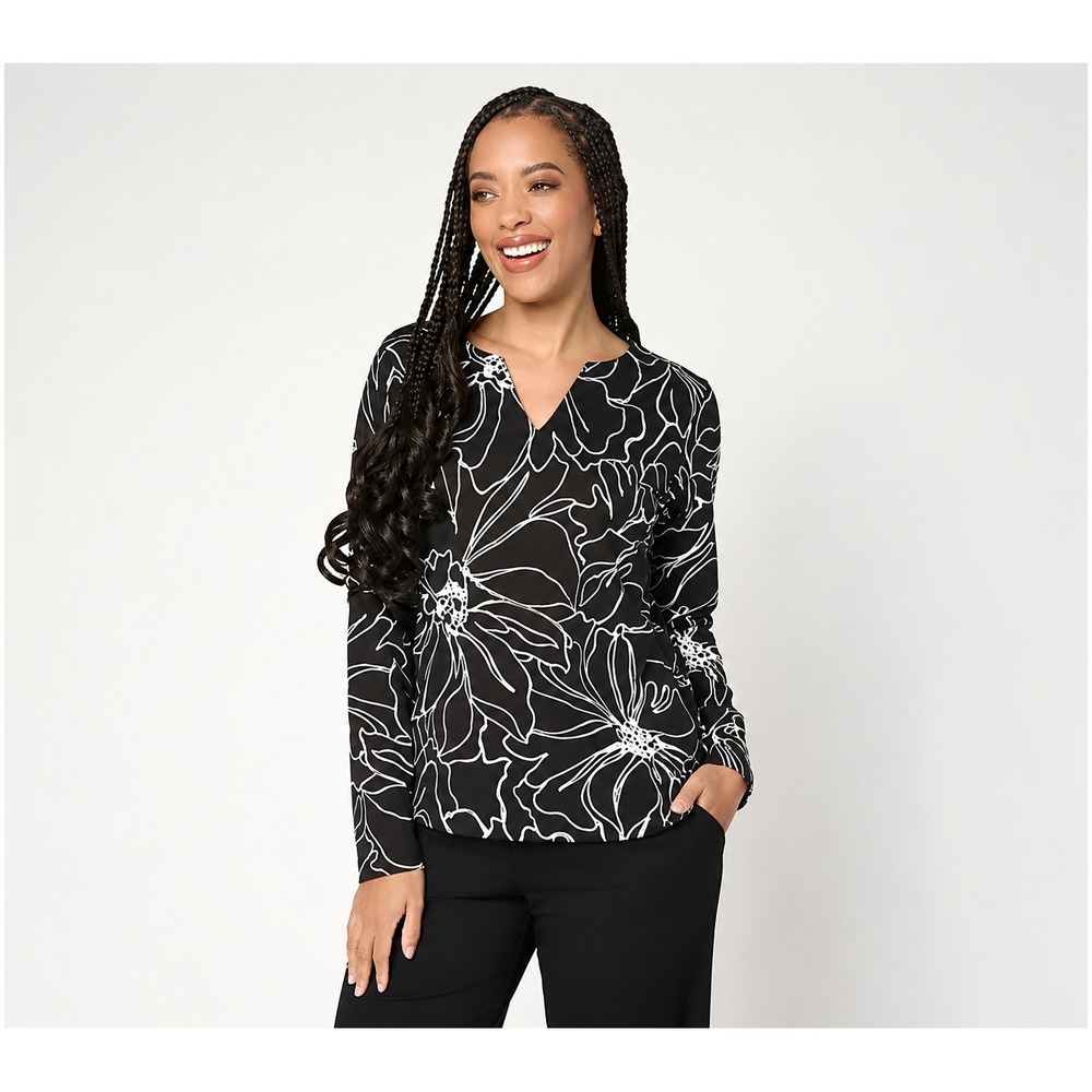 Belle by Kim Gravel Slub Knit Botanica Floral Top Black, Medium